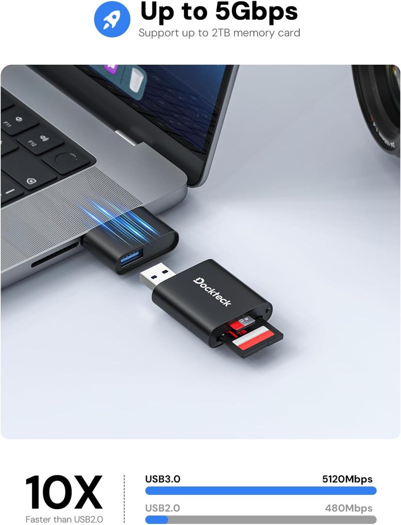 Dockteck SD Card Reader, USB 3.0 Card Reader to Micro SD Card Adapter, 5G SD Memory Card Reader, USB A - C Adapter, Dual-Slot Card Reader for UHS-I SD/Micro SD/SDHC/SDXC/MMC, Support OTG for Plug&Play - Image 2